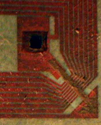 Closeup of MeadWestvaco RFID tag with top layer of paper removed